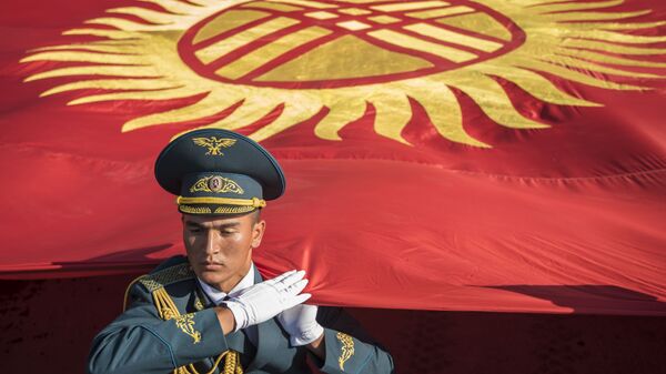 Военнослужащий с государственным флагом на площади Ала-Тоо в Бишкеке. Архивное фото - Sputnik Кыргызстан